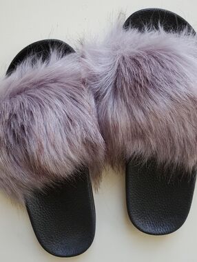 Women's Black Faux Fur Slide Sandals Slippers